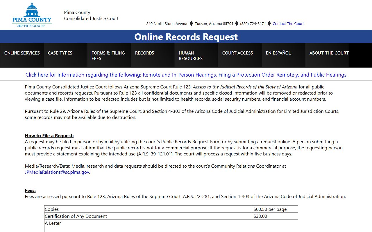 Pima County online records request form