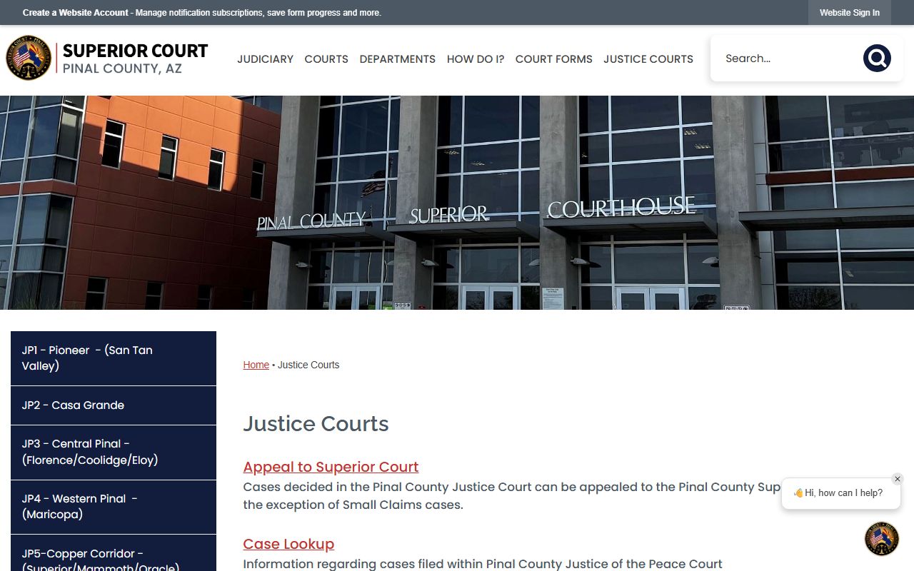 Pinal County Justice Courts directory showing six court locations