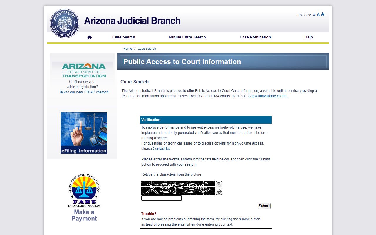 Arizona Courts Public Access case lookup database