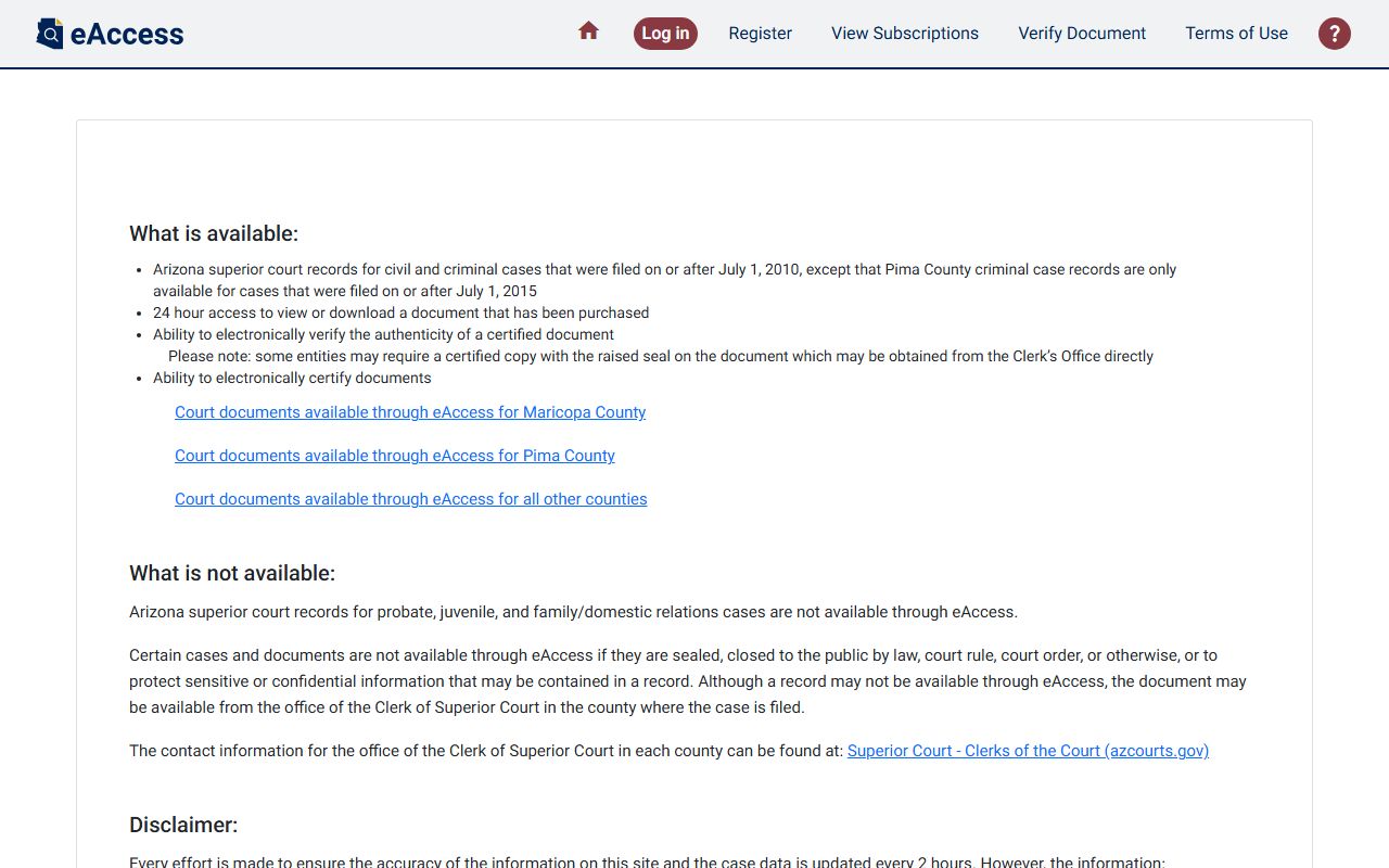 Arizona eAccess portal for court records