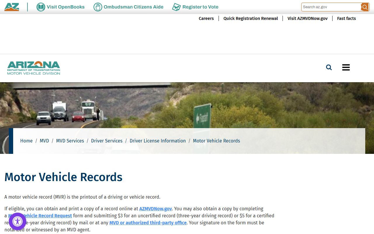 Arizona MVD motor vehicle records information